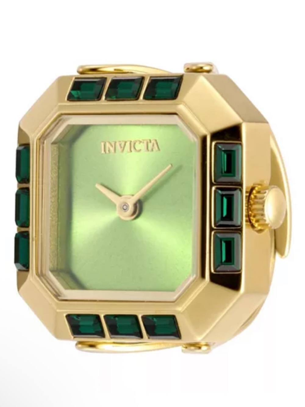 Invicta Gold Tone Ring Watch with Green Dial and Emerald Accents model 49583